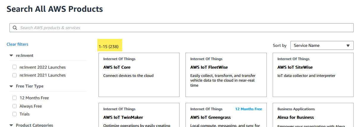 238 services listed in AWS website